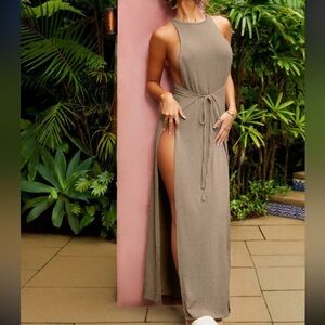 SHEIN 4 Brown Sleeveless Maxi Cover Up Swim Tie Front Split Thigh Dress